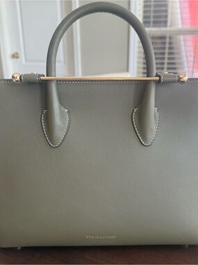 Strathberry Khaki Leather Top-Handle Tote with Gold Bar